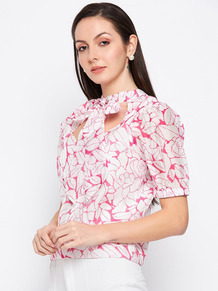 Camla Barcelona Bow Tie Floral Print Puffed Sleeves Top