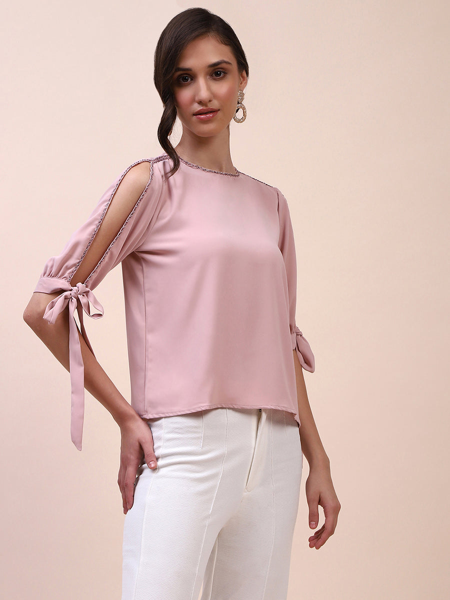 Camla Barcelona Tie Detailed Crew Neck Solid Peach Top