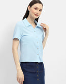 Madame Textured Sky Blue Half Sleeve Shirt