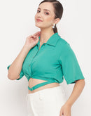 Madame Green Belt Detailed  Collar Crop Shirt