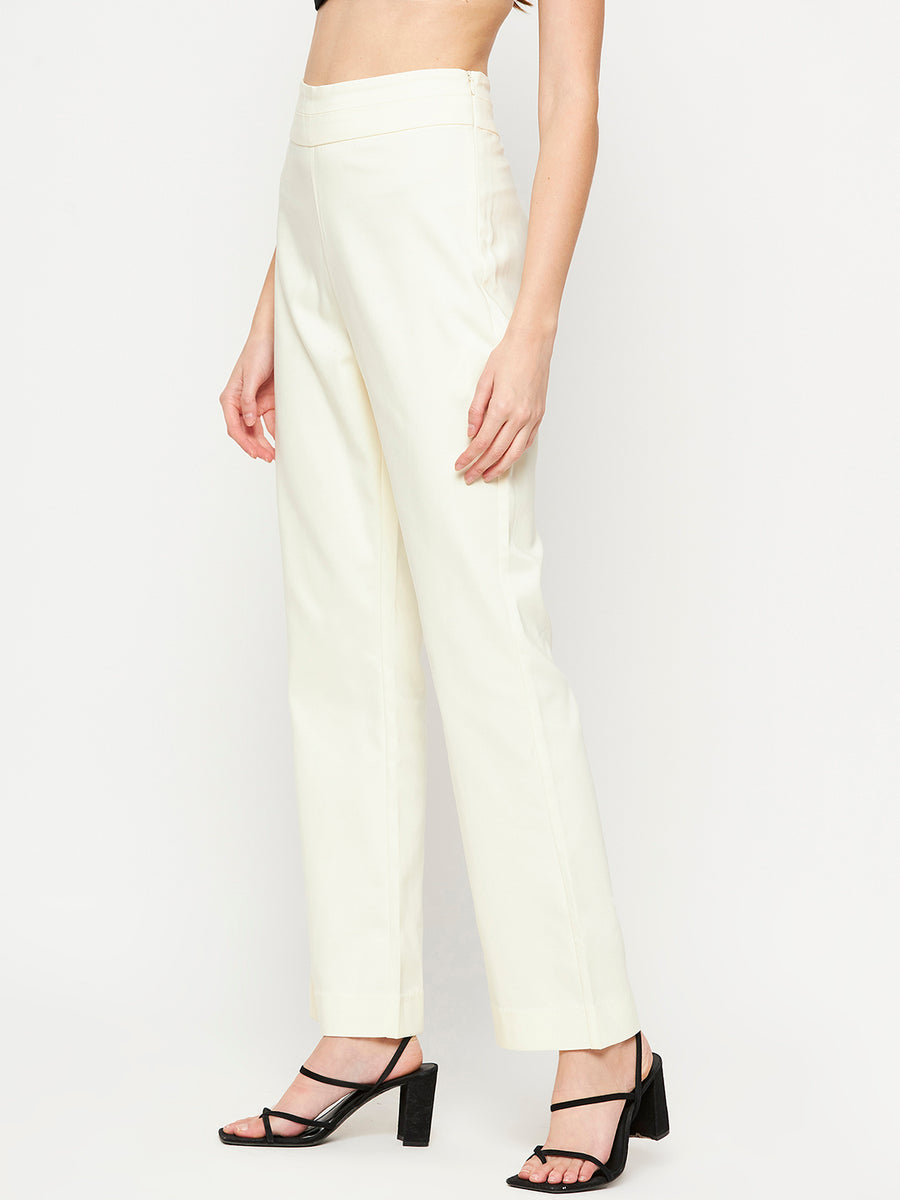 Camla Barcelona Elasticated Flared Solid Off White Trouser For Women
