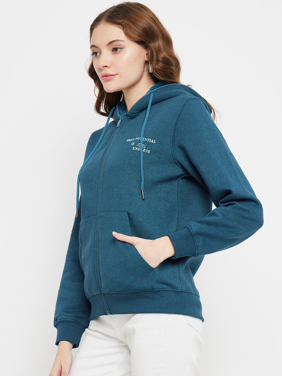 Madame Solid Teal Blue Hooded Sweatshirt