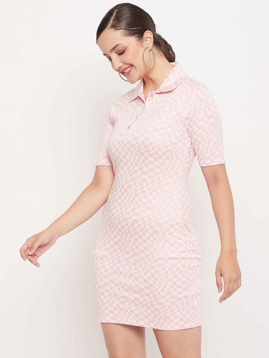 Madame Pink Fitted Check Print Shirt Dress