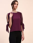 Camla Barcelona Tie Detailed Crew Neck Solid Wine Top