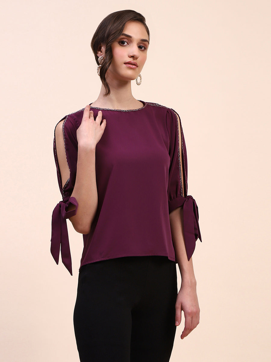 Camla Barcelona Tie Detailed Crew Neck Solid Wine Top