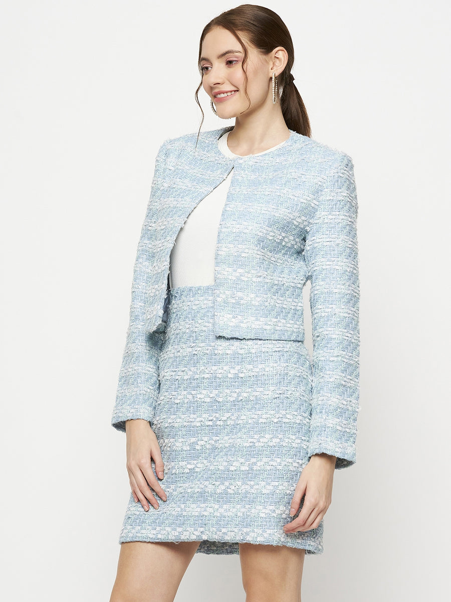Camla Barcelona Chequered Blazer with Skirt Sky Blue Tweed Co-Ord Set