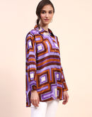 Camla Barcelona Geometric Print Cuff Sleeve Purple Shirt