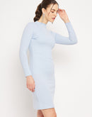 Camla Barcelona Mock Neck Powder Blue Ribbed Bodycon Dress