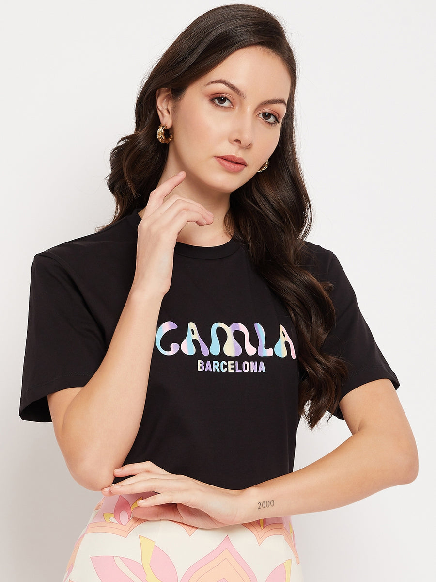 Camla Barcelona Cotton Black Typography Tshirt