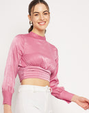 Camla Barcelona Peasent Sleeve Pink Cinched Waist Crop Top