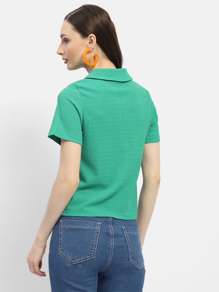 Madame Textured Green Half Sleeve Shirt