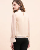 Camla Barcelona Flounce Sleeve Beige Mock Neck Top