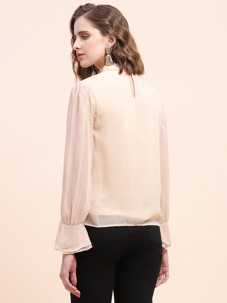 Camla Barcelona Flounce Sleeve Beige Mock Neck Top