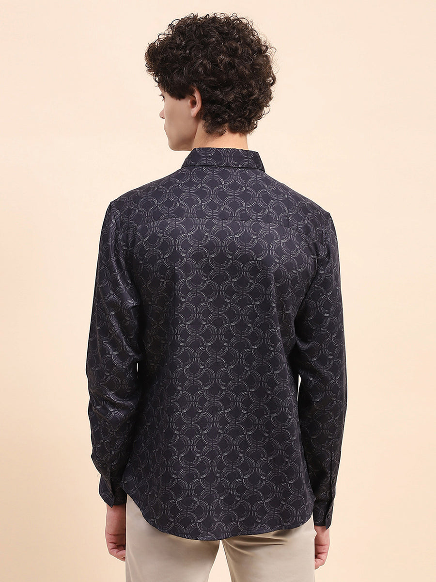 Camla Barcelona Printed Navy Blue Button Down Shirt