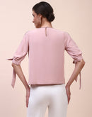 Camla Barcelona Tie Detailed Crew Neck Solid Peach Top