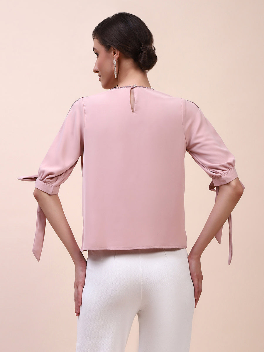 Camla Barcelona Tie Detailed Crew Neck Solid Peach Top