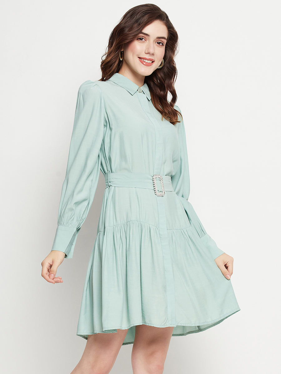Camla Barcelona Belted Pista Green Mini Shirt Dress