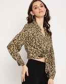 Madame Animal Print Olive Green Knotted Crop Top