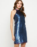Madame Cobalt Blue Reversible Sequin Halter Neck Dress