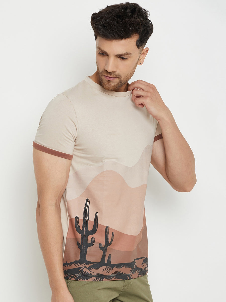 Camla Barcelona Men’S Scenery Print Beige T-Shirt