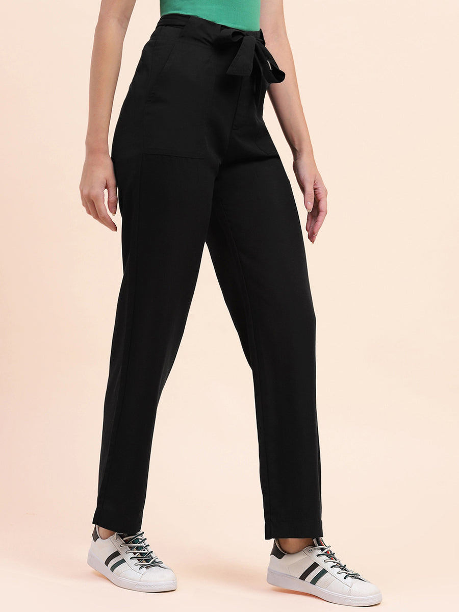 Camla Barcelona  Belted Waist Black Solid Trousers