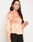 Camla Barcelona Yellow Check Printed Smocked Satin Shirt