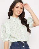 Camla Barcelona White Floral Puffed  Sleeves Printed Shirt