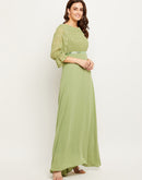 Madame Green Embellished Puff Sleeve Fit-Flare Dress