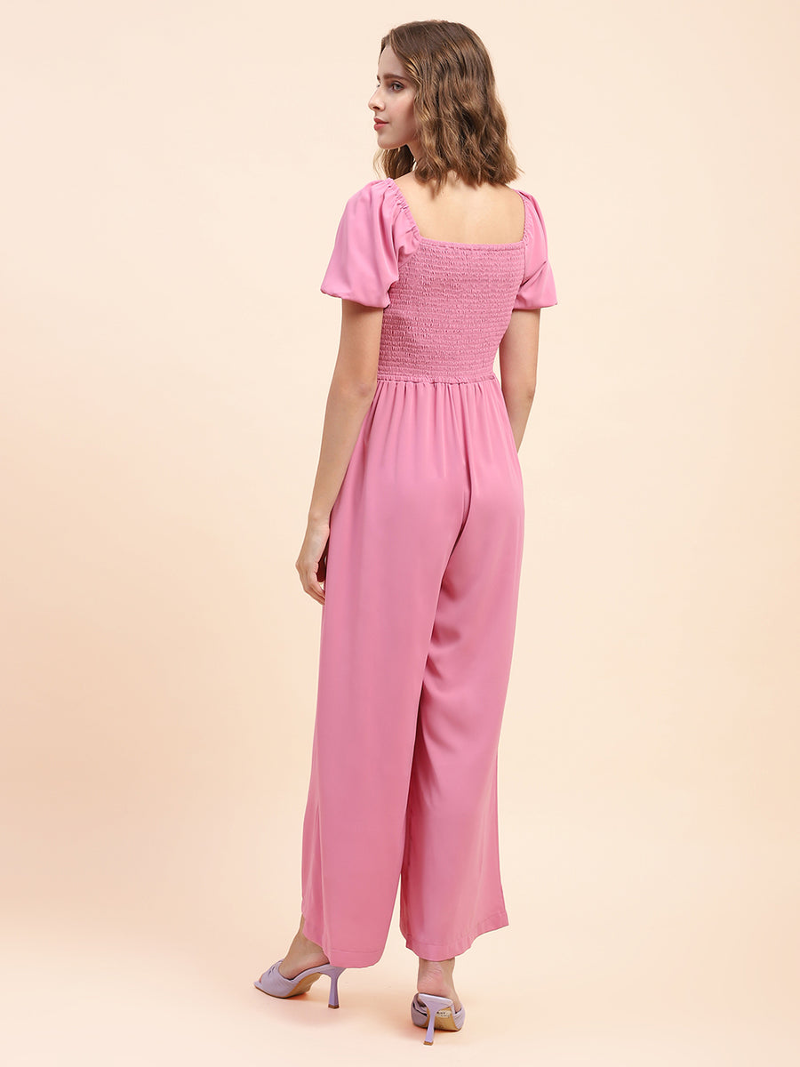 Camla Barcelona Puff Sleeve Mauve Smocked Jumpsuit