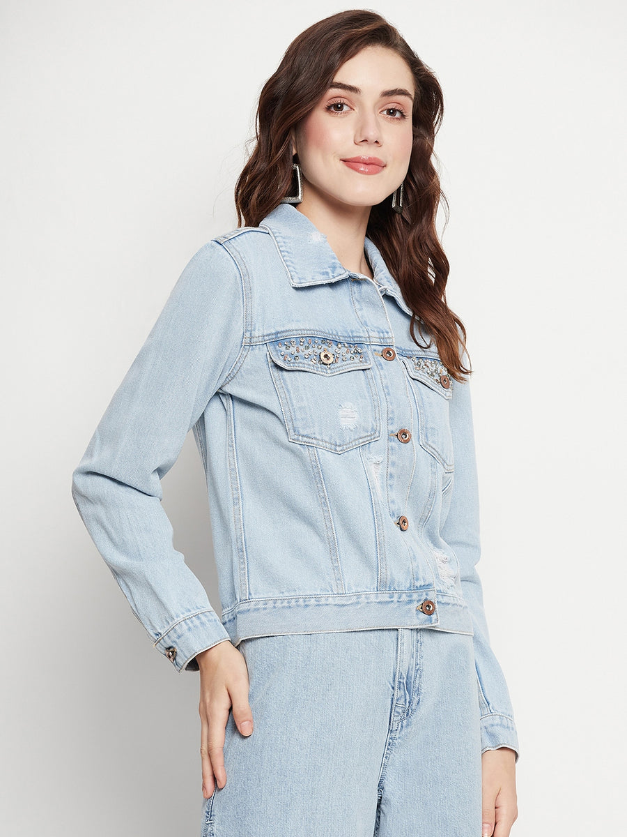 Camla Barcelona Solid Ice Blue Denim Jacket