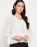 Camla Barcelona Ruffle Detailed White Striped Top