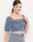 Madame Blue Denim Square  Neck Puffed Sleeves Crop Top