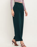 Camla Barcelona Pleated Wide Leg Bottle Green Trousers For Women