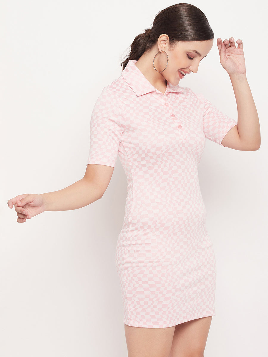 Madame Pink Fitted Check Print Shirt Dress