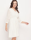 Madame Solid White Schiffli Fit and Flare Dress