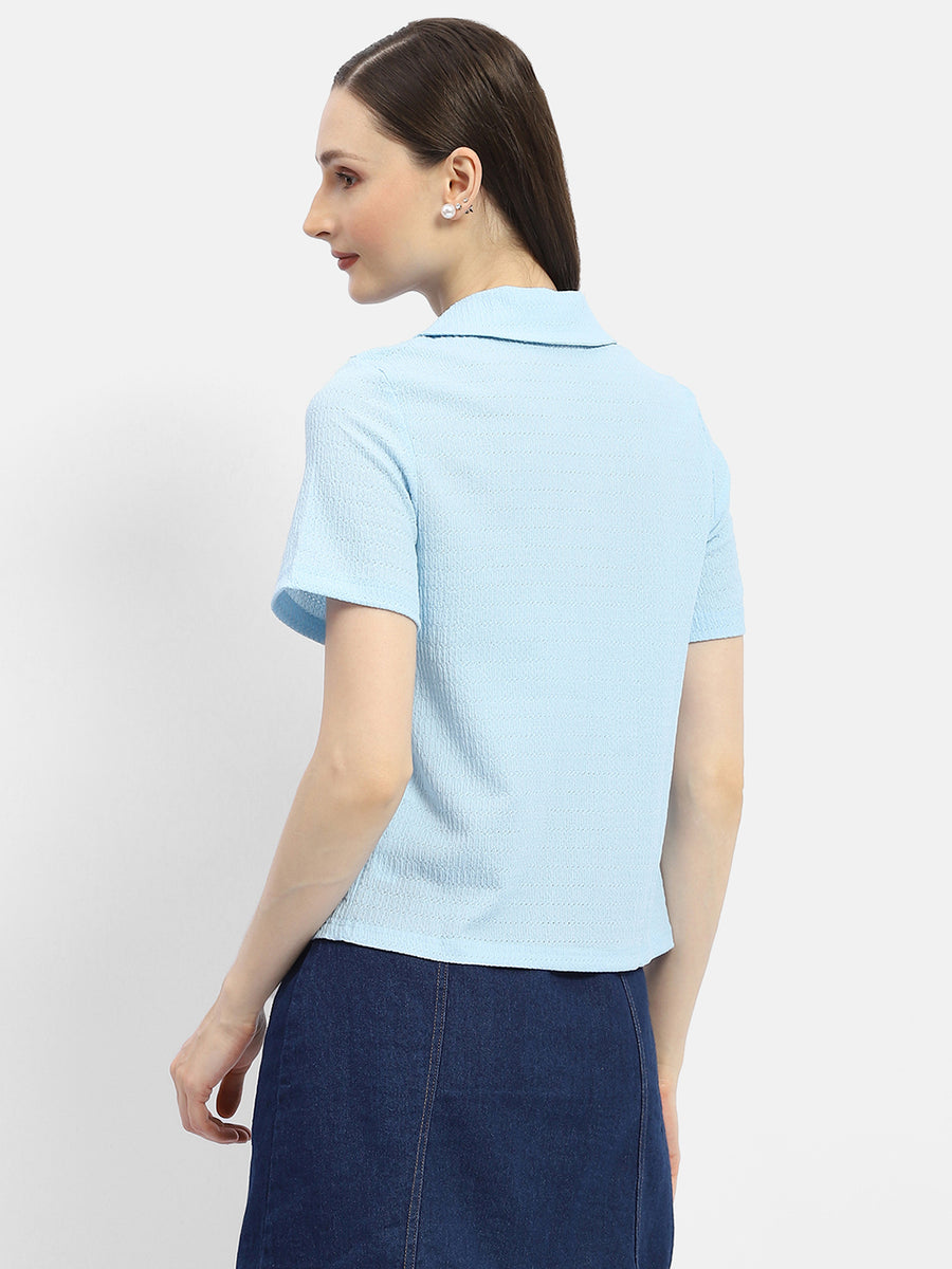 Madame Textured Sky Blue Half Sleeve Shirt