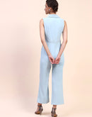 Camla Barcelona Notch Lapel Gurkha Belted Sky Blue Jumpsuit