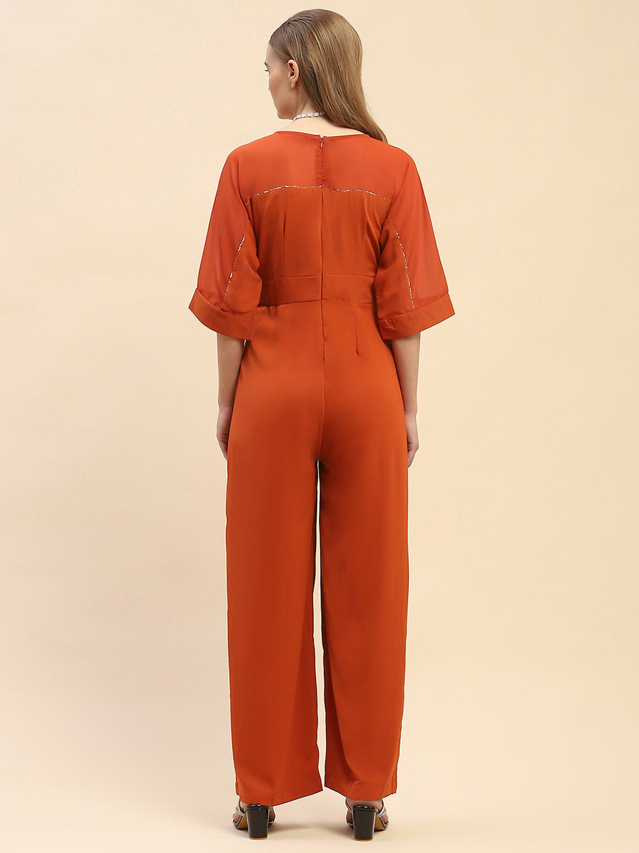 Camla Barcelona Solid Orange V-Neck Jumpsuit