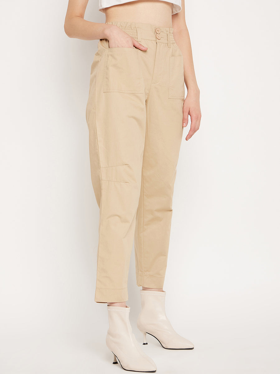 Madame Beige Ankle Length  Cotton Trousers