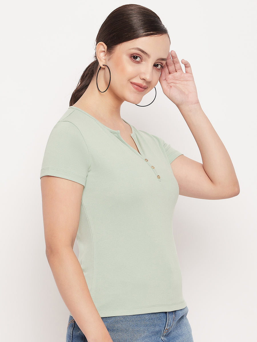 Madame Green Deep V Neck Fitted Cotton Tshirt