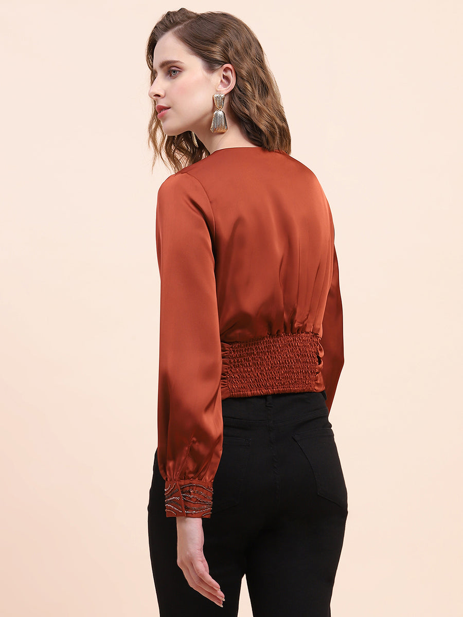 Camla Barcelona Cinched Waist Rust Surplice Neck Top