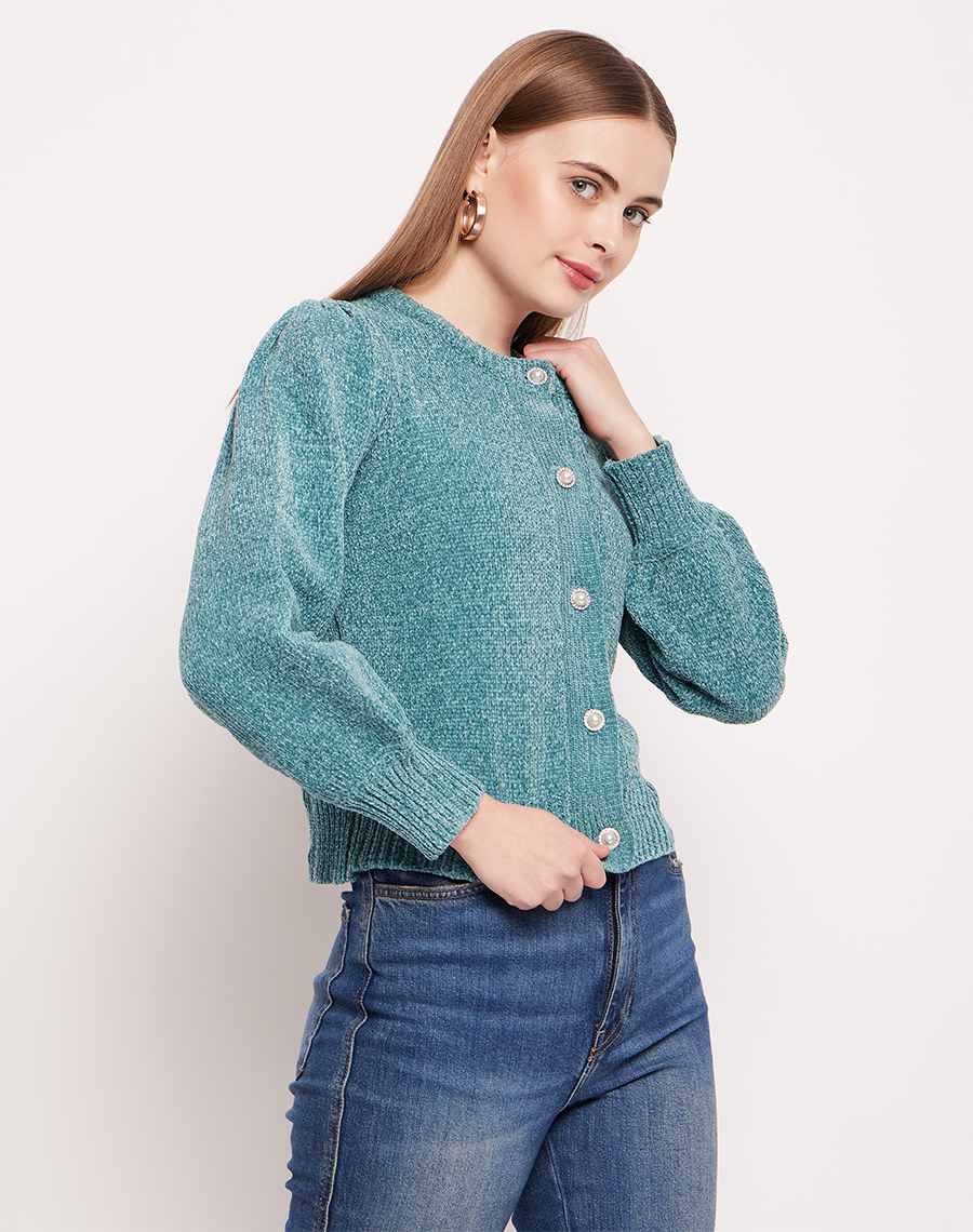 Camla Barcelona Puffed Sleeve Turquoise Blue Cardigan