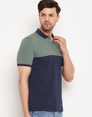 Camla Barcelona Navy Blue And Green Colourblocked Polo Neck T-Shirt