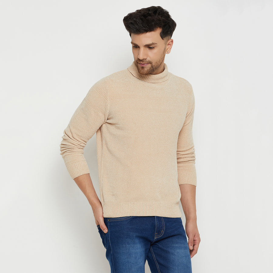 Camla Barcelona Solid Beige Turtleneck Sweater For Men