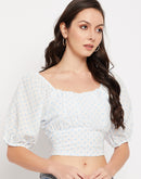 Camla Barcelona White Square Neckline Puffed Sleeves Crop Top