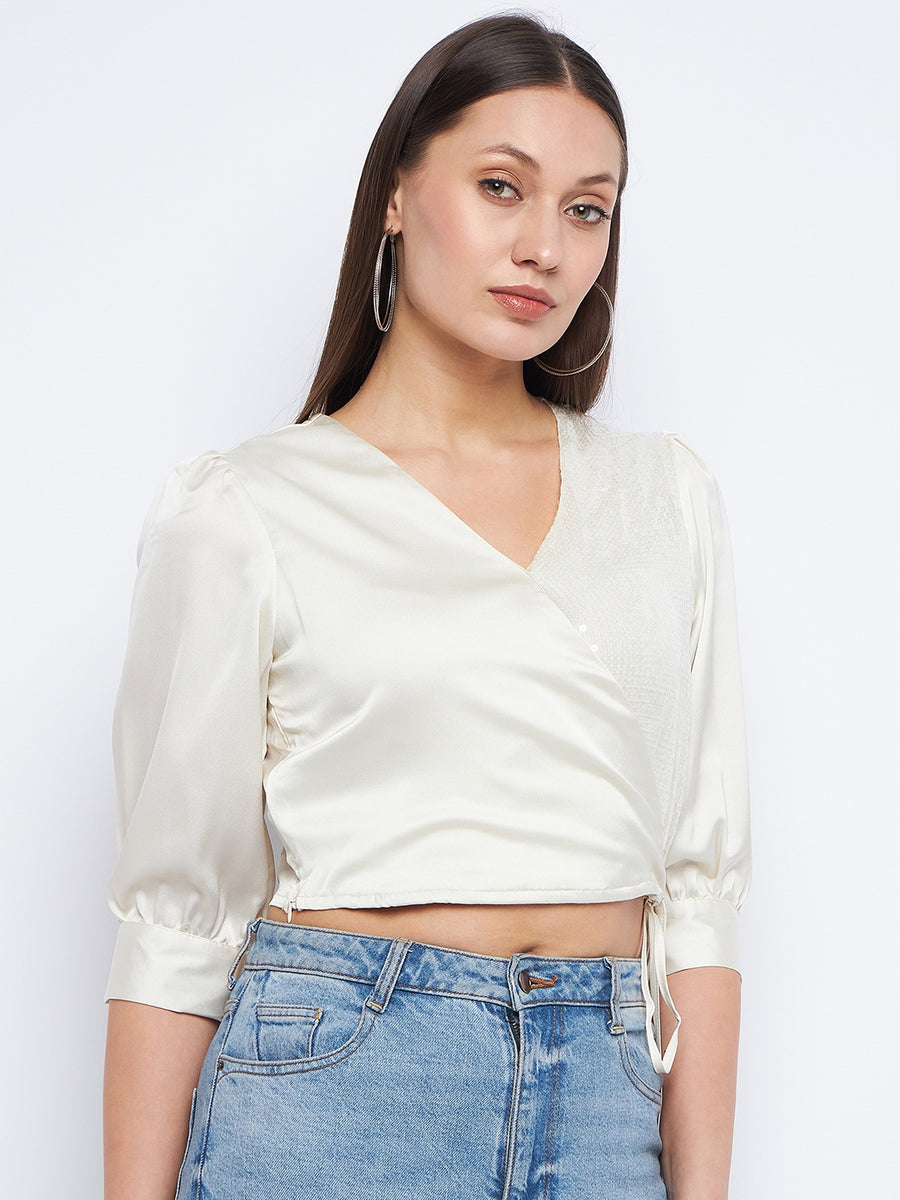 Madame Surplice Neck Ivory White Sequinned Top