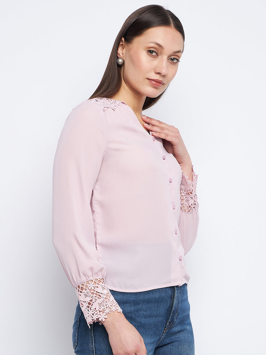 Madame Lace Detailed Onion Pink V-Neck Shirt