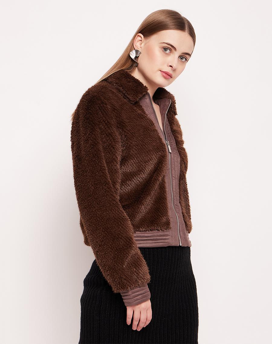 Camla Barcelona Feather Knit Fleece Brown Jacket