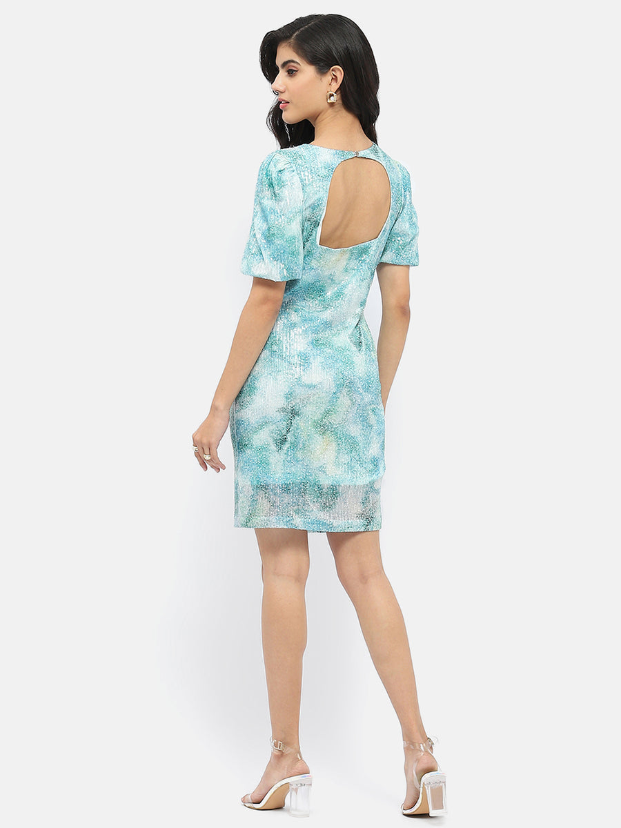 Madame Abstract Print Sky Blue Shimmery Dress