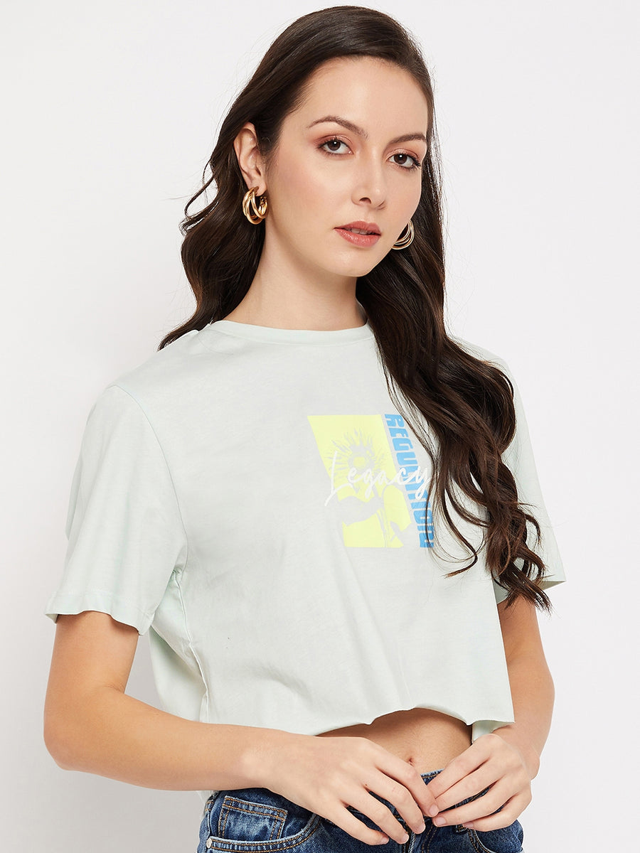 Camla Barcelona Mint Printed  Cotton Crop Tshirt